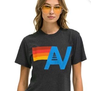 Aviator Nation Charcoal Tee with Red-Orange-Yellow Stripe and Blue AV Logo